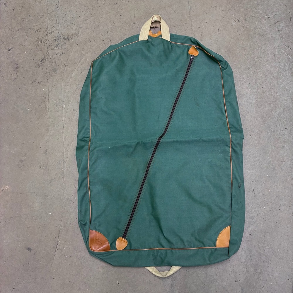 Vintage LL Bean Garment Bag Unisex Green Canvas Leather Trim Travel Luggage USA